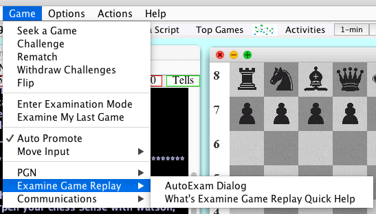 Examine Game Replay menu in Lantern Chess Interface