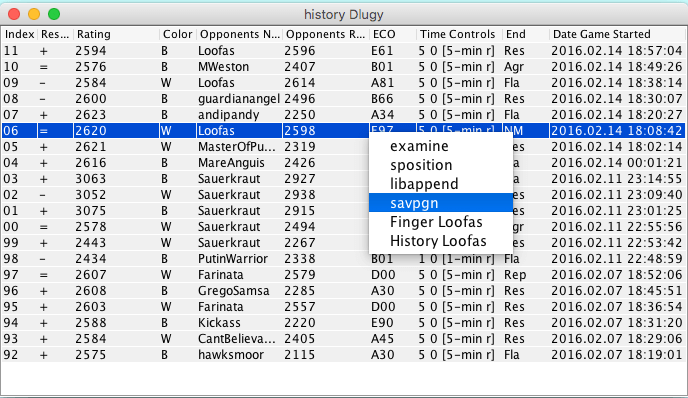 The game list for history can also be sorted  by each of
              the attributes shown.